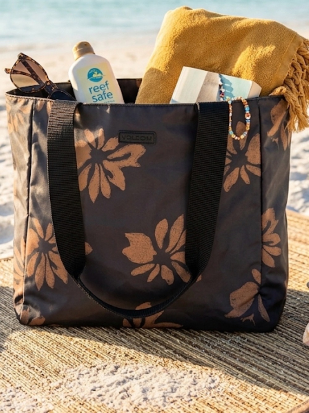 Volcom Bay Bae Beach Tote NWT Black Brown Floral Travel Bag